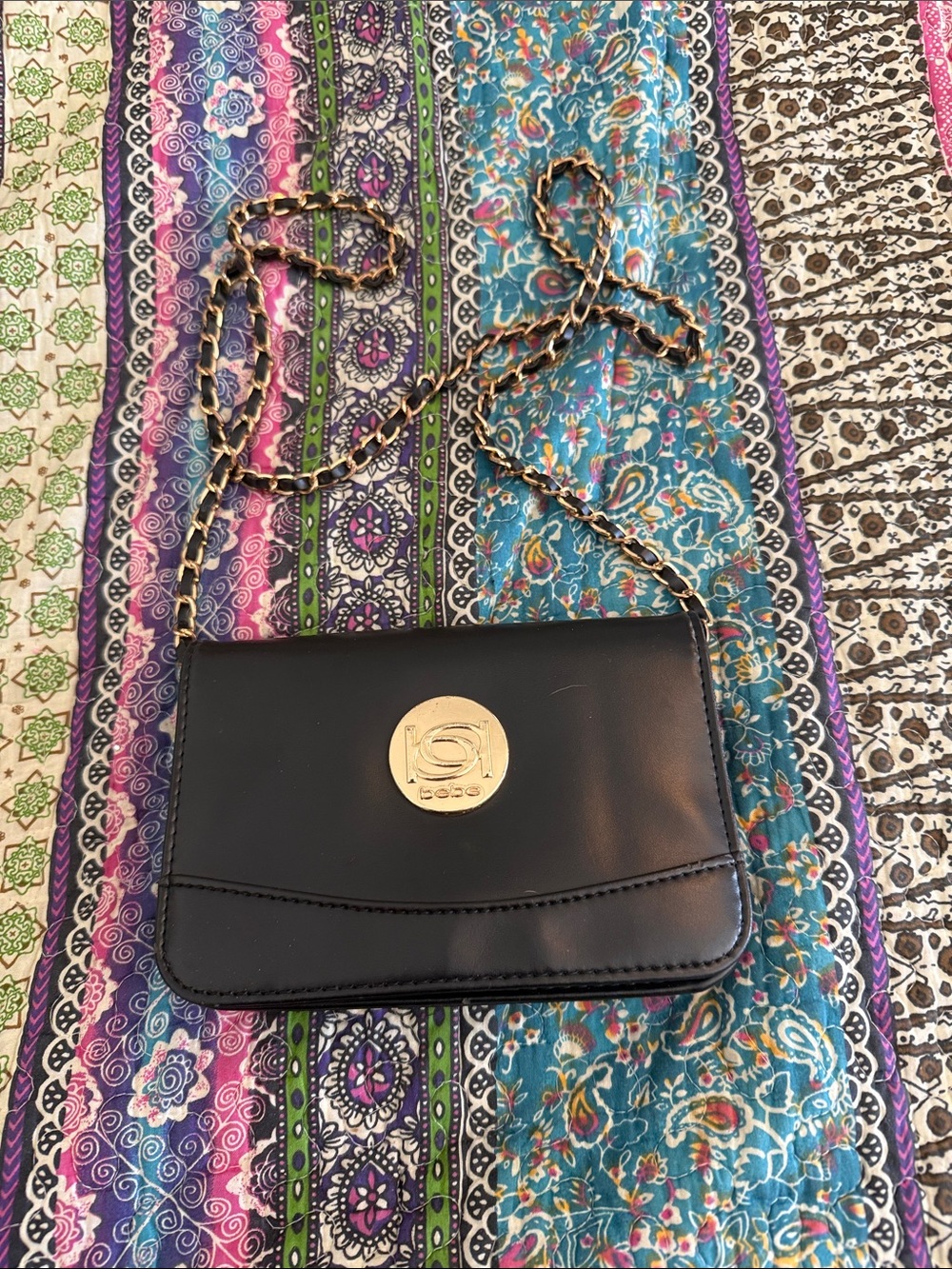 bebe Black Crossbody with Gold Medallion and Chain Strap